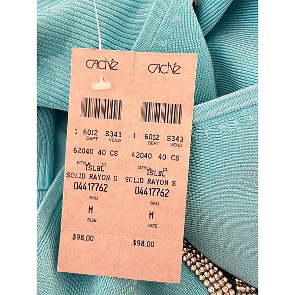 Cache NWT $98 Embellished Sweater Sleeveless Turtleneck Size M Keyhole Turquoise - Picture 8 of 11